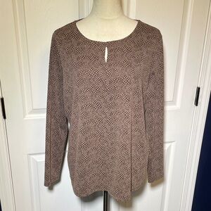 Talbots Brown Long Sleeve Round Neck Keyhole Geo Poly Blend Top Size 1X